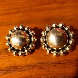 Large Mexican Silver Earrings 925 Sterling Silver Circular Beaded Rope